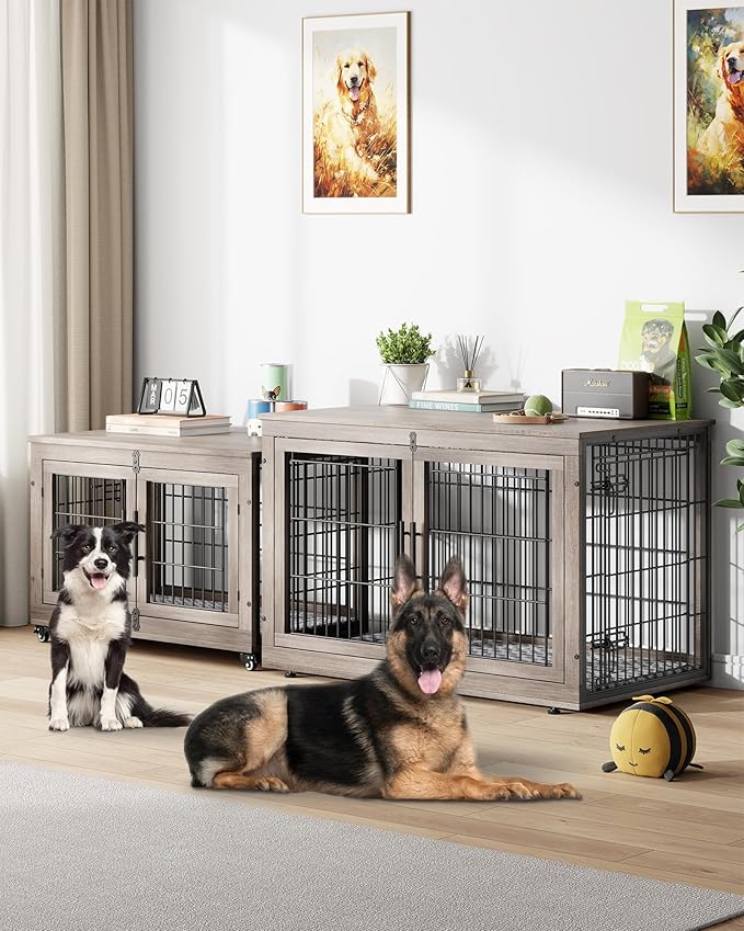 YaFiti Dog Crate Furniture with Cushion, Wooden Dog Kennel Indoor with Double Doors, Dog Cage with Wheels, Dog House Side End Table for Large Dogs up to 85 lb, 44" L, Grey