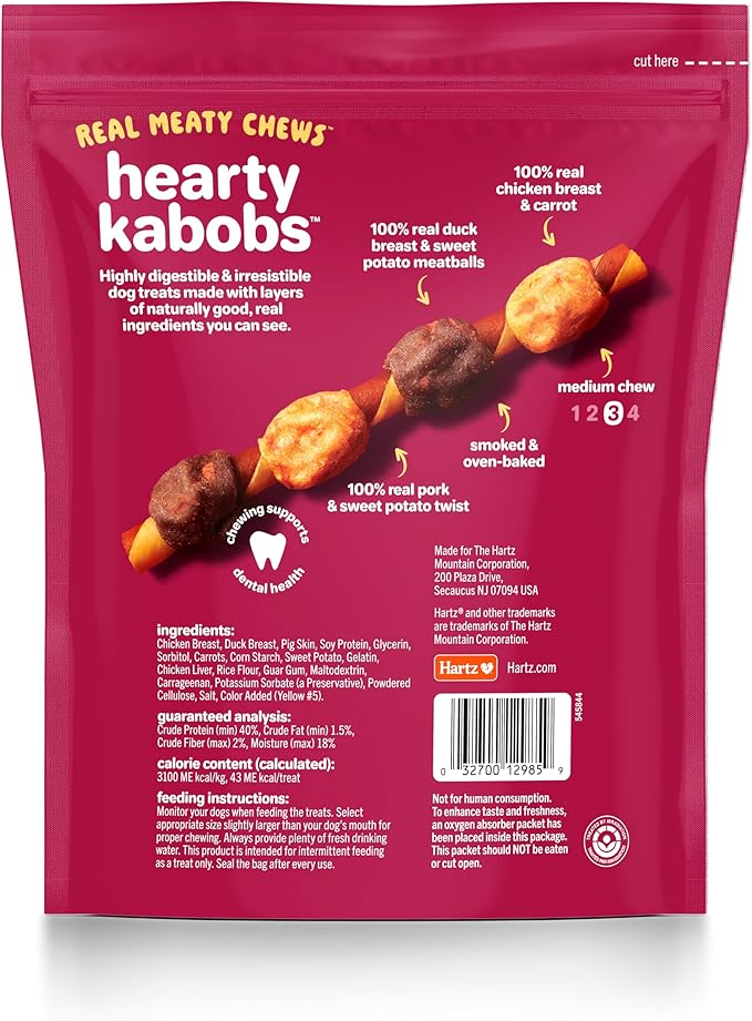 Hartz Oinkies Hearty Kabob Dog Treats with 100% Real Chicken, Duck, Sweet Potato & Carrot, Rawhide-Free, Natural Dog Treats, Highly Digestible Long Lasting Chews, 18 Count