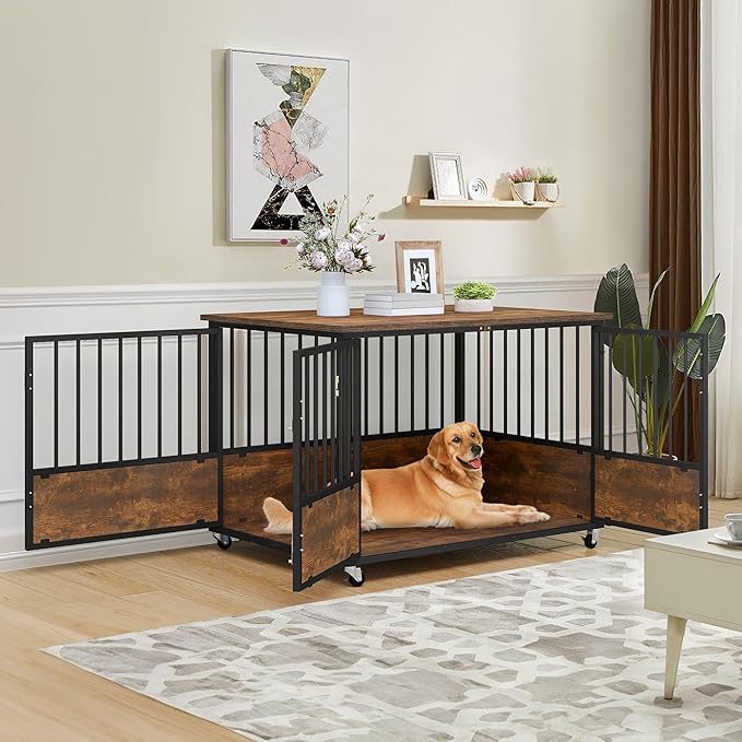 YITAHOME 43" Dog Crate Furniture with Wheels, Wooden Side End Table, Double-Doors Dog Kennel Indoor for Small/Medium/Large Dogs, Escape Proof Dog House Dog Cage, Rustic Brown