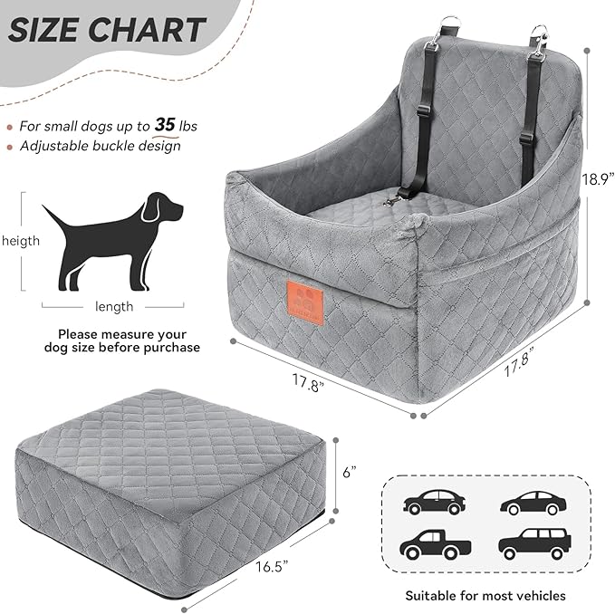 Dog Car Seat for Small/Medium Dogs, Dog Booster Car Seats with Thick Cushion for Dogs Under 35lbs, Detachable Washable Pet Carseat with Storage Pockets, 2 Safety Belts