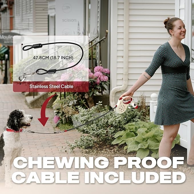 Fida Retractable Dog Leash with Dispenser and Poop Bags, 16 ft Pet Walking Leash for Small Dog or Cat up to 26 lbs, Anti-Slip Soft Handle, Tangle Free, Reflective Nylon Tape (S, Cherry)