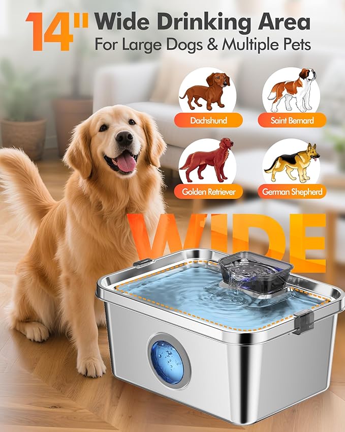 Dog Water Fountain, 12L/406oz Stainless Steel Pet Water Fountain for Large Dogs Cats, Quiet Dog Fountain Water Bowl, Visual Water Level 4 Filtration, Wide Deeper Drinking Area for Multi-Pet Home