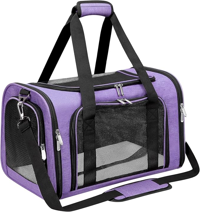 Soft-Sided Cat/Dog/Pet Carrier, Collapsible Pets Travel Carriers for Big Cats/Small Dogs with Shoulder Strap & Removable Mat, Mesh Puppy Carry Bag, Up to 16 Lbs, TSA Airline Approved(Purple)