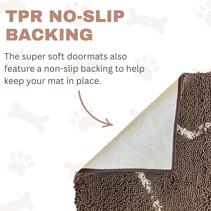 Soggy Doggy Doormat with Bone Design - Ultra Absorbent Microfiber Chenille Wet Dog Mat for Muddy Paws - Non-Slip and Machine Washable (Beige/Red Bone, Extra-Large 36” x 60”)