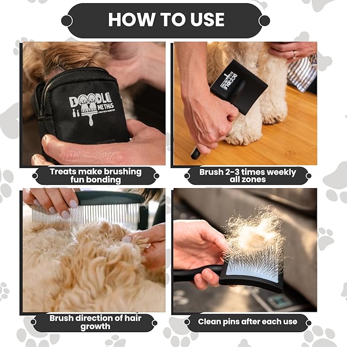Slicker Brush for Dogs Kit Includes Comb Treat Pouch Bag and Guide Turns Stressful Grooming into bonding While Gently detangles matted Curly Wavy Coats.