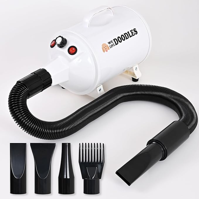 We Love Doodles Dog Dryer with Adjustable Speed & Temperature Control - High Velocity Hair Dryer, Pet Blow Dryers for Dogs, Blow Dry Quickly & Blow Out Undercoat - Pet Grooming (White)