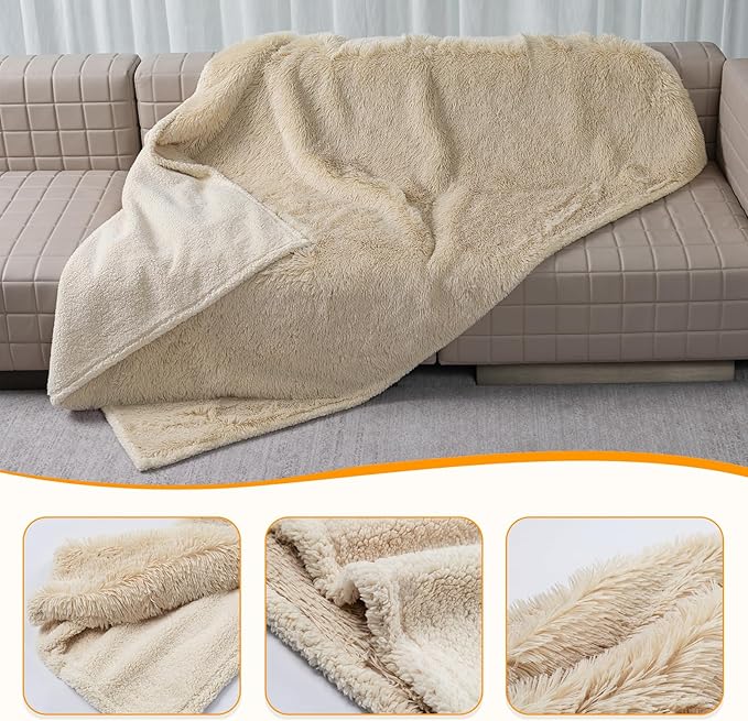 Waterproof Cream Calming Dog Blanket Beige Fluffy Long Faux Fur Pet Throw Blankets for Cats Puppy Couch Sofa Covers Washable Love Bed Cover(Beige,M-57x40in)