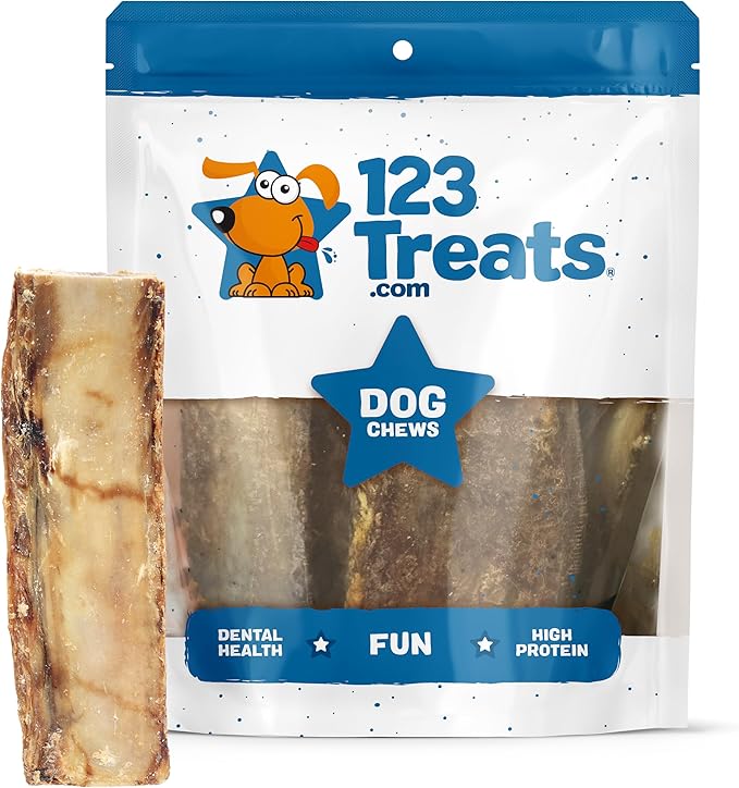 123 Treats Dog Bones for Dogs, 100% Natural Rib Bone Beef Chews from Grass Fed Cattle 7-9" (8 Count) Dog Treats and Breeds, Tasty Long Lasting Chews