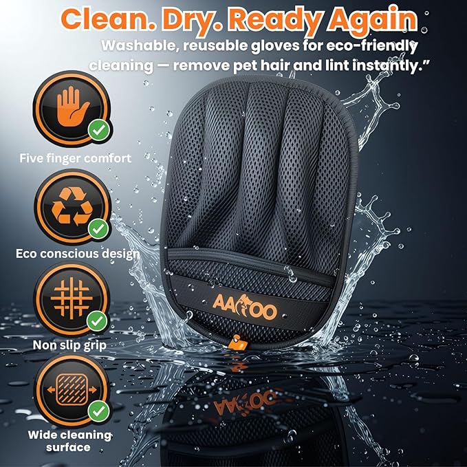 Pet Hair Removal Glove for Cats & Dogs with Silicone Pet Toothbrush – Reusable Magic Brush – Five-Finger Electrostatic Pet Hair Remover Glove for Laundry, Couch, Carpet & Car Seat