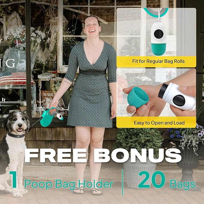Fida Retractable Dog Leash with Dispenser and Poop Bags, 16 ft Pet Walking Leash for Large Dog up to 110 lbs, Anti-Slip Handle, Tangle-Free, Reflective Nylon Tape (L, Teel)
