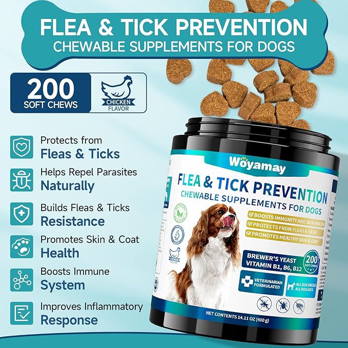 Flea and Tick Prevention for Dogs Chewables, 200 Soft Treats, Natural Dog Flea and Tick Treatment, Oral Flea Chews for Dogs Supplement, Flea and Tick Chews for Dogs Puppies, All Breeds & Sizes
