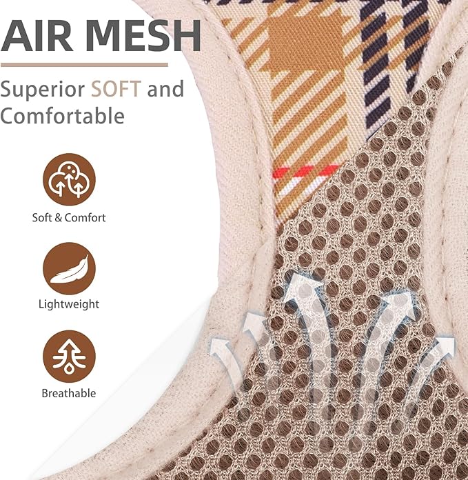 PUPTECK Dog Harness and Leash Set for Small Medium Dogs No Pull Step-in Soft Mesh Puppy Cat Vest Harnesses Reflective at Night, Plaid Pattern Beige M