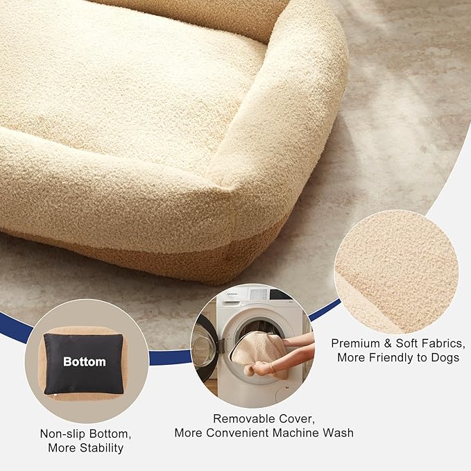 FURTIME Washable Dog Bed Large Sized Dogs, Washable Comfy Fluffy Large Dog Bed, Removable Zipper Cover Machine Wash, Soft Orthopedic Bed Durable Pet Cuddler with Anti-Slip Bottom, 36"x27"x8", Beige