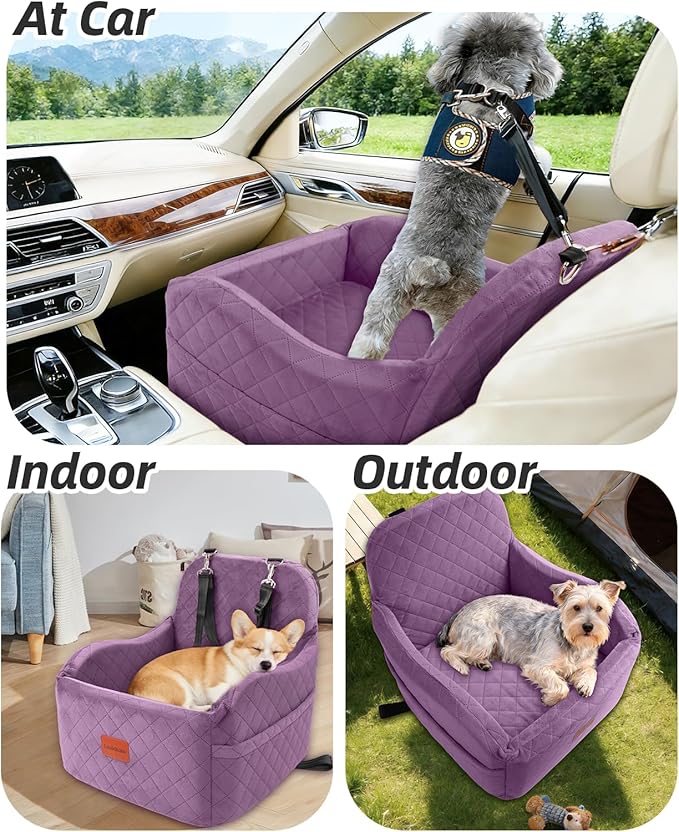Dog Booster Car Seat for Small/Medium Dogs,Puppy Portable Car Bed with Elevated Cushion,Fully Detachable and Washable,2 Storage Pockets,Easy to Install (Purple, Medium)