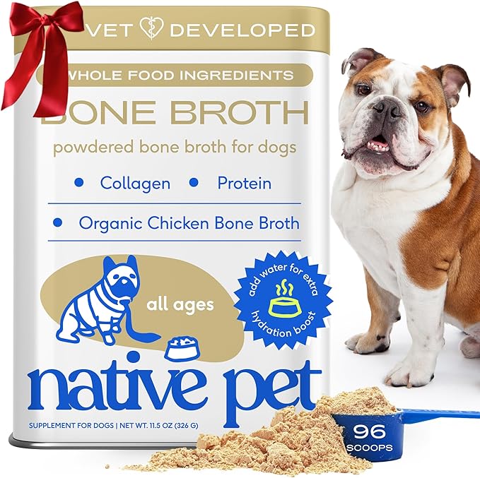 Native Pet Bone Broth for Dogs and Cats - Chicken Bone Broth Powder Dog Food Toppers for Picky Eaters - Provides Extra Nutrition for Joint Strength, Immune Support & Heart Health - 96 Scoops