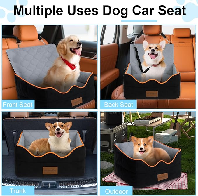Dog Car Seat for Small/Medium Dogs Under 35lbs, Pet Booster Seat with 4In Memory Foam Cushion, Fully Detachable and Washable, Travel Dog Carseat with Storage Pocket and Safety Belt