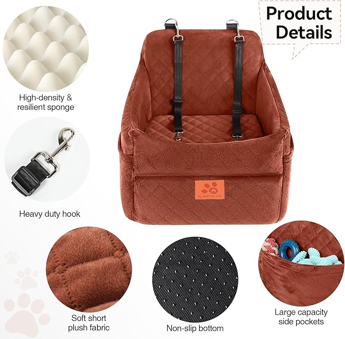 Dog Car Seat for Small/Medium Dogs, Dog Booster Car Seats with Thick Cushion for Dogs Under 35 lbs, Detachable Washable Pet Carseat with Storage Pockets, 2 Safety Belts(Brown)