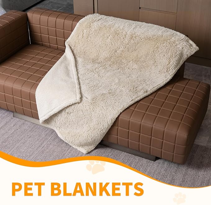 Waterproof Calming Dog Blanket Cream Long Faux Fur Pet Throw Blankets for Medium Dogs Cats Couch Sofa Covers Love Bed Cover Washable(Cream,L-65x57in)