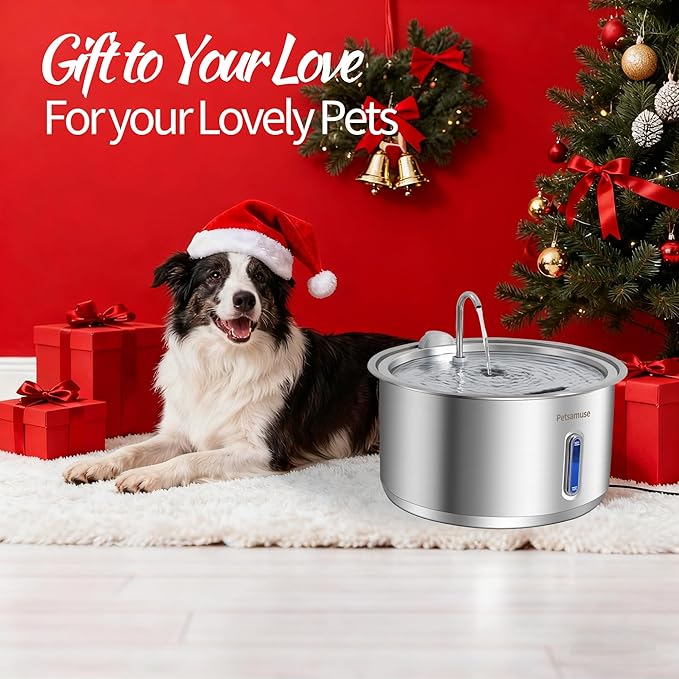 Dog Water Fountain, 11L/2.8Gal Quiet Dog Fountain Water Bowl with Visible Window Stainless Steel Dog Water Fountain with 2 Spray Modes and 15 Fliters for Large Medium Small Dogs Pets