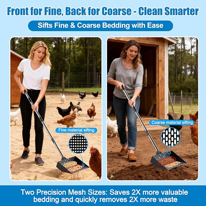 12-Inch 2-in-1 Chicken Poop Scooper & Rake, Chicken Coop Scoop with Adjustable Stainless Steel Handle （24–64"）, 3 Angles & 2 Sifting Holes, Litter Scoop Sand Sifting Shovel Pooper Scooper (Black)