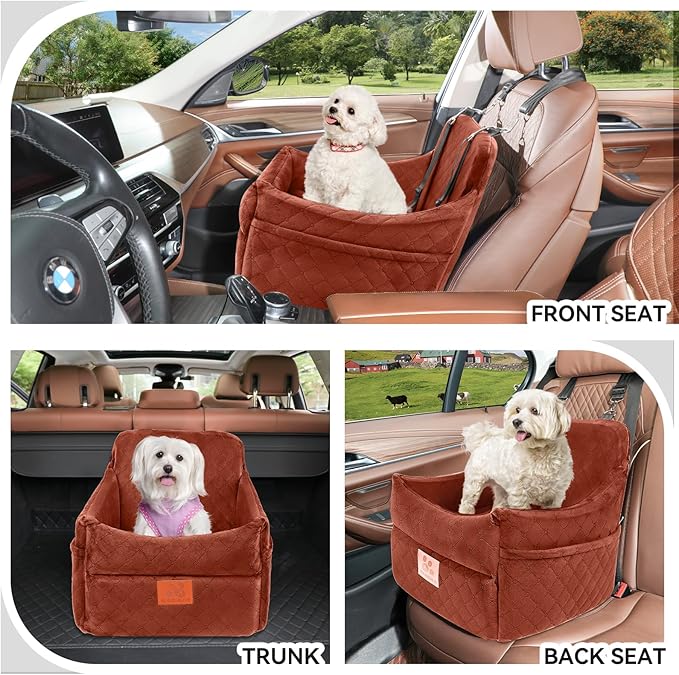 Dog Car Seat for Small/Medium Dogs, Dog Booster Car Seats with Thick Cushion for Dogs Under 35 lbs, Detachable Washable Pet Carseat with Storage Pockets, 2 Safety Belts(Brown)