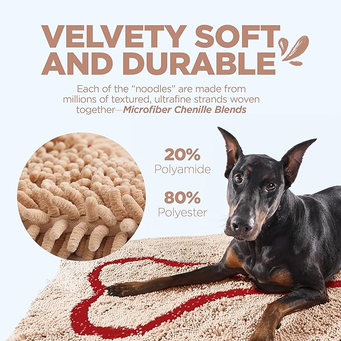 Soggy Doggy Doormat with Bone Design - Ultra Absorbent Microfiber Chenille Wet Dog Mat for Muddy Paws - Non-Slip and Machine Washable (Beige/Red Bone, Extra-Large 36” x 60”)