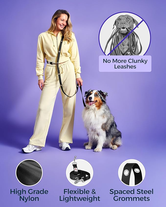 Hands-Free Dog Leash Training Running Snapleash, Waist & Shoulder Lead for Walking, Traffic Lead, Dual Pet Leash Adjustable for Large, Medium and Small Dog Breeds (Black, Large (1in x 7.5ft))