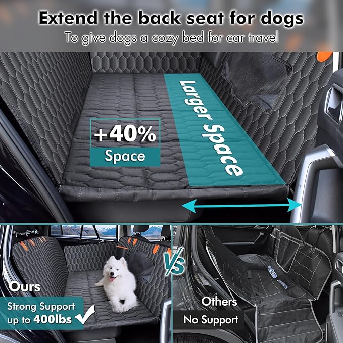 Back Seat Extender for Dogs-Supports 400lb,Waterproof Dog Car Seat Cover Hard Bottom-Detachable,600D Heavy Duty Scratch Proof Nonslip Soft,Dog Hammock for Car,SUVs