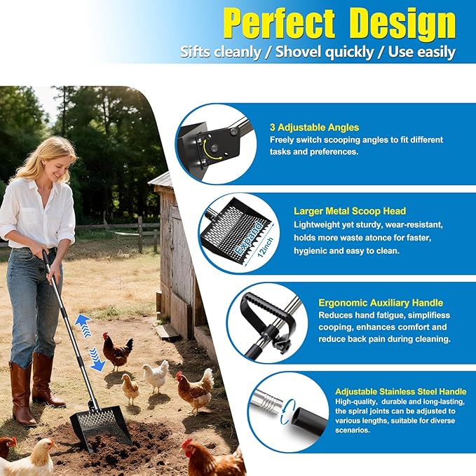 12-Inch 2-in-1 Chicken Poop Scooper & Rake, Chicken Coop Scoop with Adjustable Stainless Steel Handle （24–64"）, 3 Angles & 2 Sifting Holes, Litter Scoop Sand Sifting Shovel Pooper Scooper (Black)