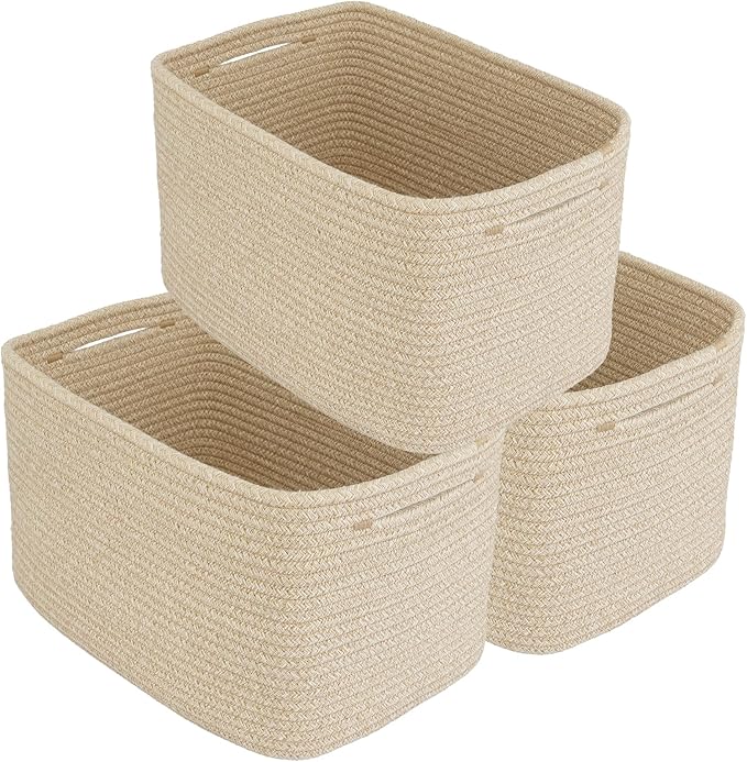 XUANGUO Rope storage Basket Bins Woven Basket for Organizing Shelves 15X10X9.3" Rectangle Decorative Baskets For storage Clothes Toys Books Towels Nursery basket organizer 3 pack Oatmeal