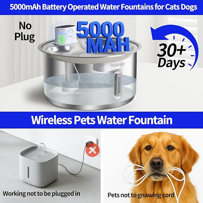 2.8Gal/11L Cordless Dog Water Fountain for Large Dogs, Petsamuse 5000mAh Battery Operated Stainless Steel Dog Fountain Water Bowl with 2 Quiet Pumps Wireless Pet Water Fountain with 15 Filters