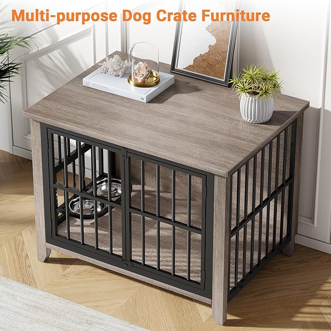 YaFiti 31.5" Dog Crate Furniture, Wooden Dog Kennel Indoor with 360° Rotating Feeder and 2 Adjustable Bowls, Decorative Side End Table Dog Cage for Medium and Small Dogs, Grey