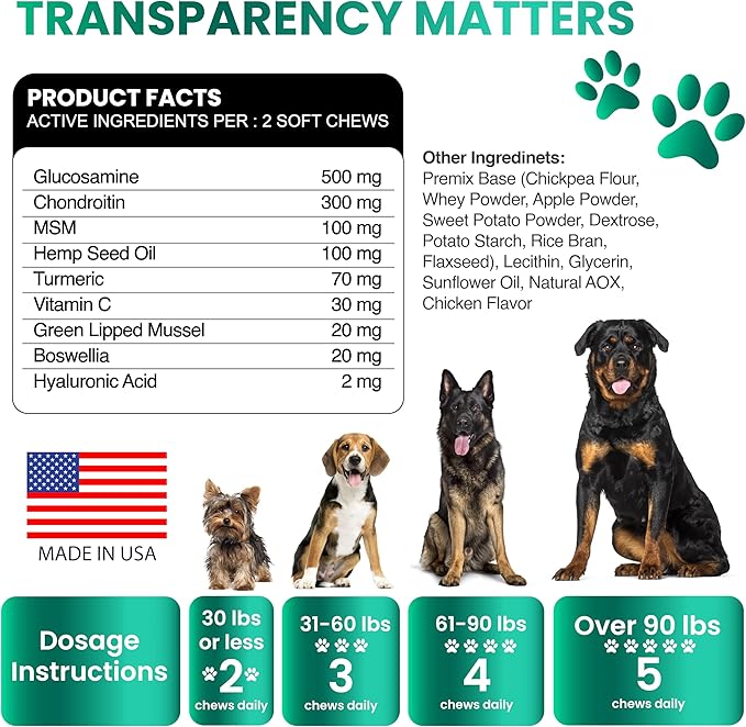 (2 Pack) Hemp Hip and Joint Supplement for Dogs - Glucosamine for Dogs - 340 Joint Pain Relief Treats - Chondroitin, MSM, Hemp Oil - Advanced Health Supplement - Mobility Support Chews - Made in USA