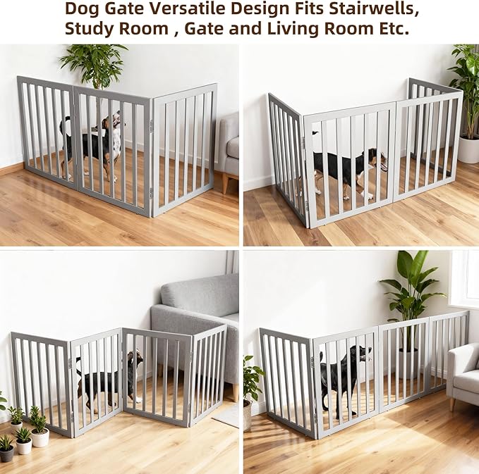 ZJSF Freestanding Indoor Dog Gate for House Foldable Wood Grey Puppy Gate for Doorways Pet Gate for Stairs Extra Wide Pet Fence 24" Height 3 Panels