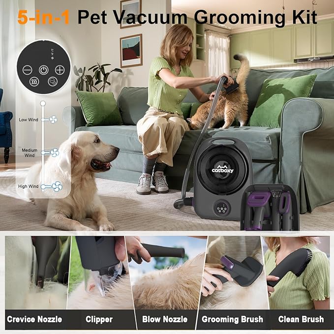 Dog Grooming Vacuum and Pet Dryer, 5-in-1 Dog Grooming Kit for Shedding, Low Noise Doggie Hair Blow Dryer, 2.5L Canister for Cat Vacuum Groomer, Portable Pet Trimmers for Dogs, Purple