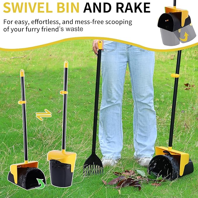 Pooper Scooper Large Swivel Bin & Rake with 160 Waste Bags,Heavy Duty Dog Pooper Scooper with Bag Attachment for Dogs, Long Handle Poop Scooper with Lid for Yard, Grass, Gravel(Yellow)