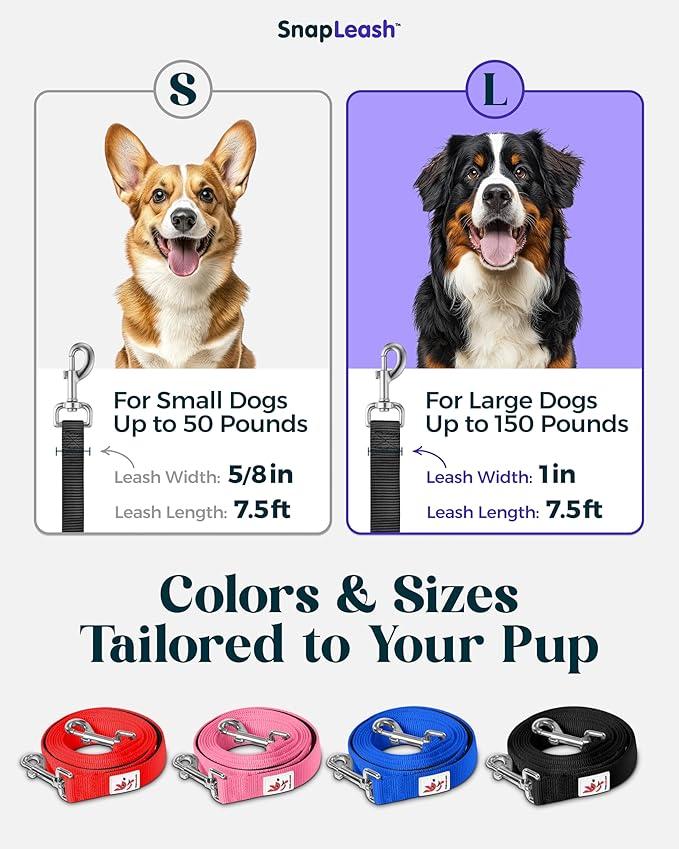 Hands-Free Dog Leash Training Running Snapleash, Waist & Shoulder Lead for Walking, Traffic Lead, Dual Pet Leash Adjustable for Large, Medium and Small Dog Breeds (Black, Large (1in x 7.5ft))