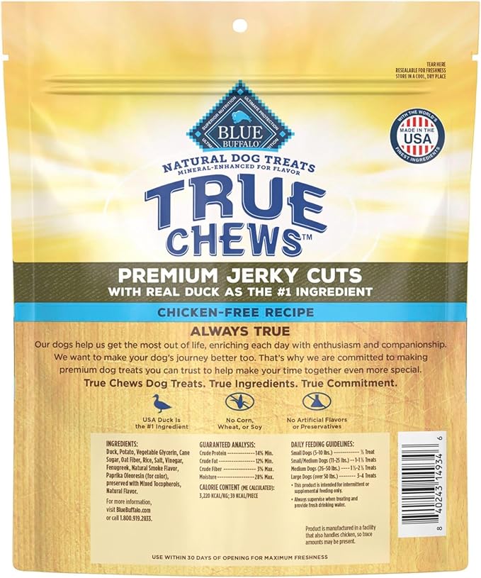 Blue Buffalo True Chews Premium Jerky Cuts Dog Treats, Made in the USA with Natural Ingredients, Duck, 12-oz Bag