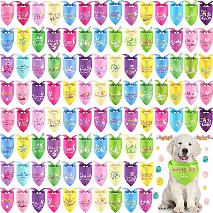 100 Pcs Easter Dog Bandana Bulk with Sayings Pet Triangle Scarf Bibs Washable Puppy Kerchief Adjustable Grooming Supplies for Small Medium Large Dog Cat Costume Accessories