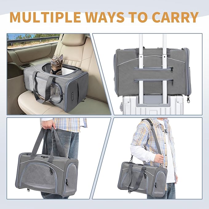 ‌Petsfit Airline Approved Pet Carrier for Small Cats, 16.5x8.6x11 TSA Approved Carrier, with Removable Dual-Sided Padding (2-Way Placement) - Fits Under Most Airplane Seats, Escape Proof (Grey)