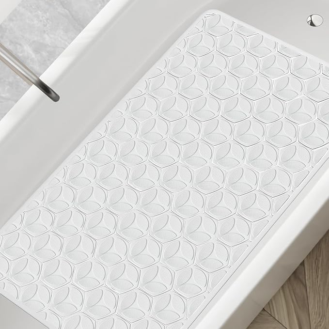 WRISIN Bathtub Mat Non Slip with Suction Cups - 100% Rubber Bathroom Mat Textured for Bath Tub Shower Safety - Soft on Touch - BPA/PVC Free - Pet Dog Bath Mat - Machine Washable - 16 × 28 Inch（White）