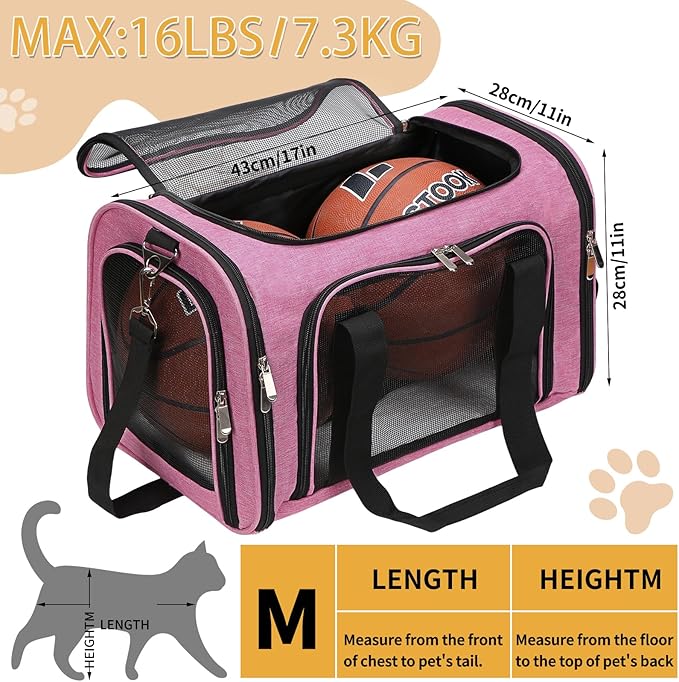 Soft-Sided Cat/Dog/Pet Carrier, Collapsible Pets Travel Carriers for Big Cats/Small Dogs with Shoulder Strap & Removable Mat, Mesh Puppy Carry Bag, Up to 16 Lbs, TSA Airline Approved (Pink)
