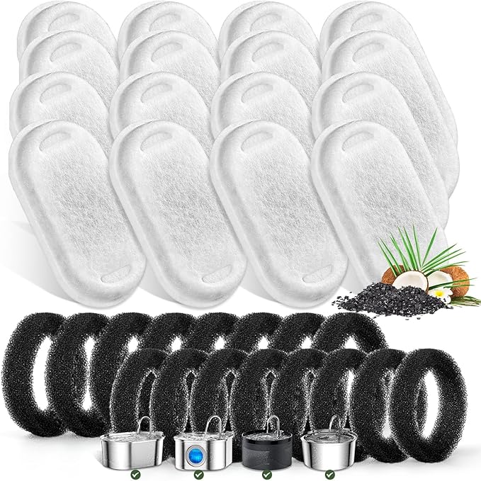 Cat Water Fountain Filters for Stainless Steel 67oz/2L Adjustable Water Flow Pet Fountain, 16 Pack Pet Replacement Filters with 16 Sponges