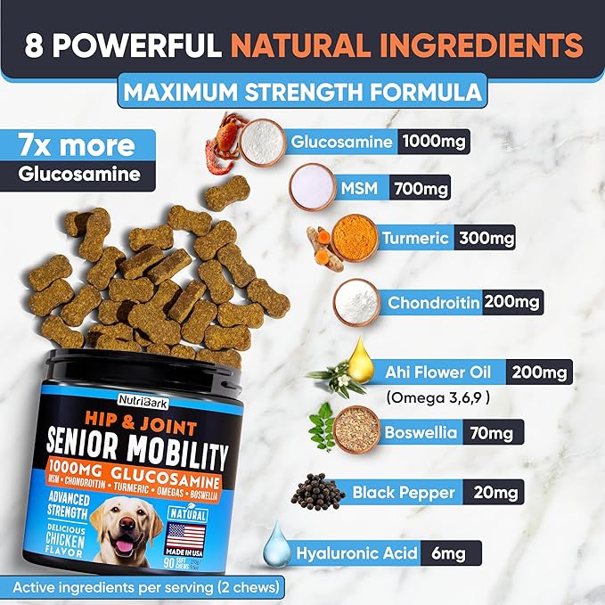 Glucosamine for Dogs -1000mg- Senior Dog Joint Supplement -Advanced Hip & Joint Support Chews w/Glucosamine, Chondroitin, MSM, Turmeric & Omega 3 for Pain & Inflammation Relief, Improved Mobility