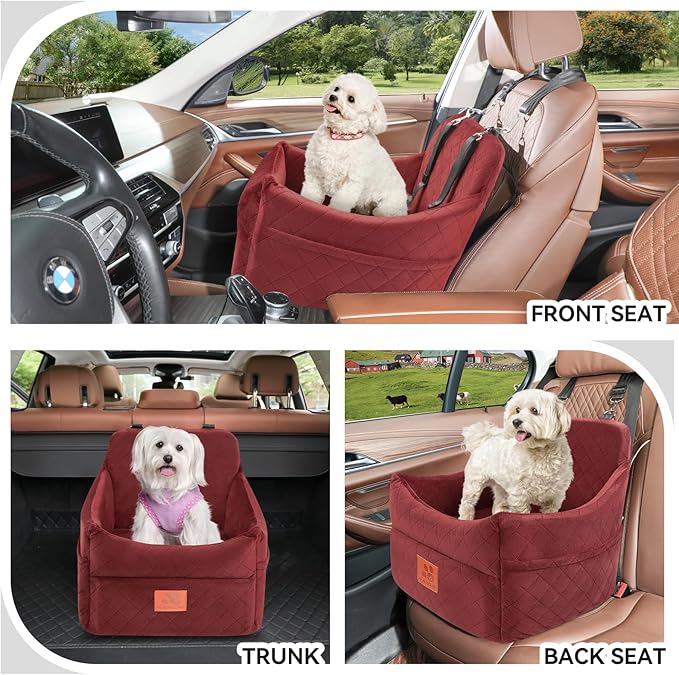Dog Car Seat for Small/Medium Dogs, Dog Booster Car Seats with Thick Cushion for Dogs Under 35lbs, Detachable Washable Pet Carseat with Storage Pockets, 2 Safety Belts(Red)