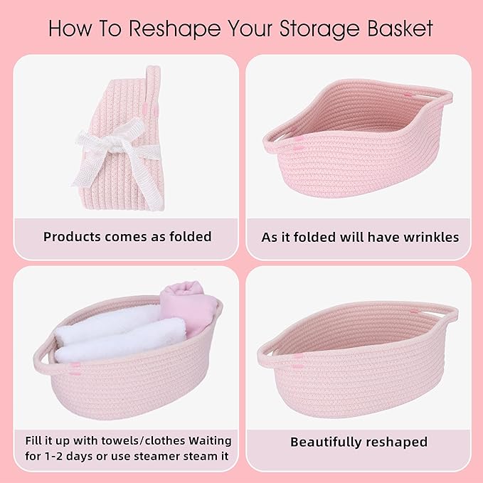 XUANGUO Small Woven Basket Cute Oval Cotton Rope Gifts Basket with Handle Empty Baby Wicker Storage Basket nursery Box Bin kids organizer Cat Dog toy basket Easter Basket light pink
