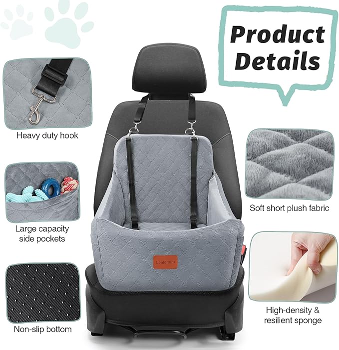 Dog Car Seat for Medium Dogs Up to 40lbs,Fully Detachable and Washable,Easy to Install with Adjustable Straps,Anti-Slip Base Travel Car Bed for Pets,2 Side Pockets(Grey,Medium)