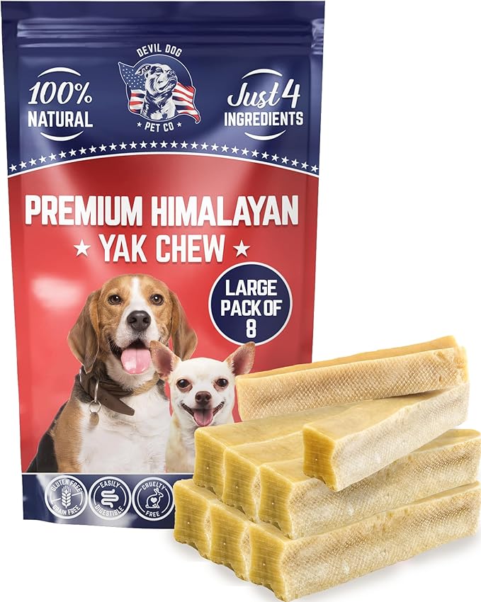 Devil Dog Pet Co. Himalayan Yak Cheese Dog Chews, Large - 8 Pack, 100% Natural & Healthy, Lactose-Free, Long-Lasting Dog Treats, Premium Yak Milk Chew Bones for Dogs