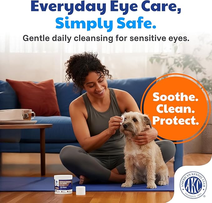 AKC Pet Eye Wipes for Dogs & Cats – Tear Stain Remover & Eye Discharge Cleaner – Hypoallergenic Grooming Wipes, 100 Count (Coconut Scent) AKC 3 * 3" PET Eye Wipes Coconut Scent 100 Count