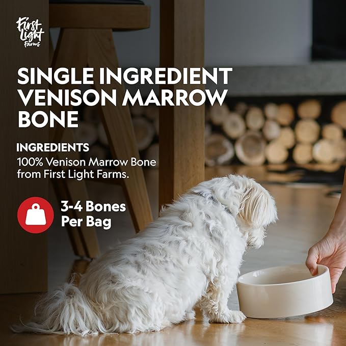 First Light Farms Venison Marrow Bones for Dogs | Long Lasting Chews | 3 Pack Natural Dog Chews for Teeth, Joint Health, and Mental Stimulation | Rawhide Free | Safe & Healthy Treats | 5.2 Inch